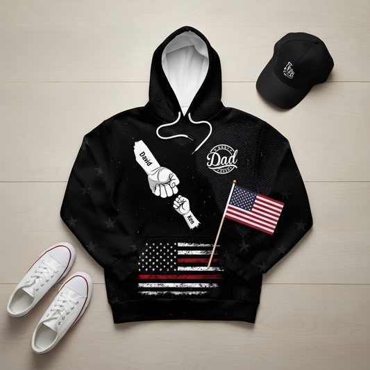 Stars And Stripes Dad Kid Hand Grunge - Personalized Pullover Hoodie