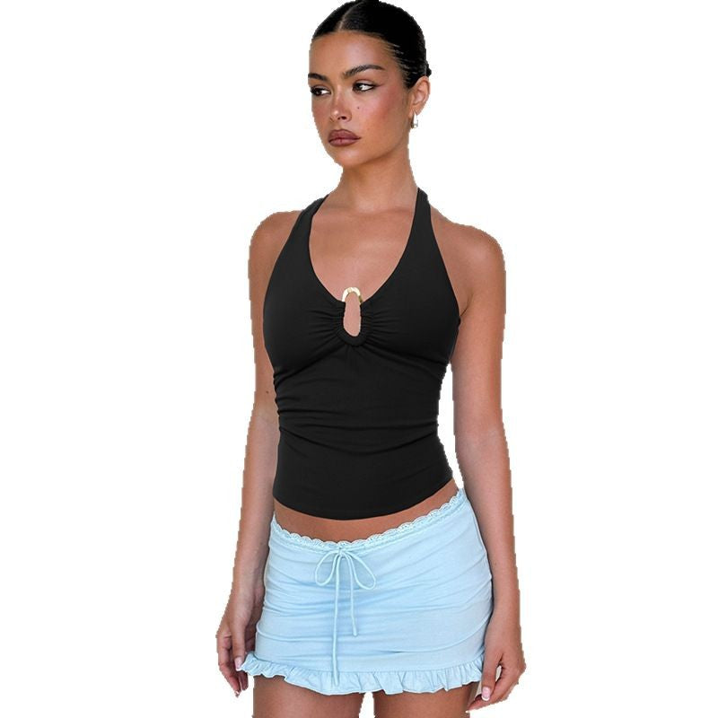 Women's Halter Neck Keyhole Sleeveless Slim-Fit Top