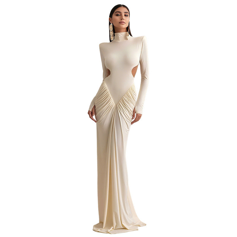 Women's High-Neck Long Sleeve Side-Cutout Ruched Maxi Dress