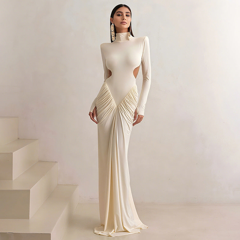 Women's High-Neck Long Sleeve Side-Cutout Ruched Maxi Dress