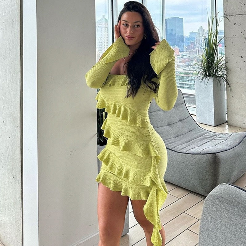 Women's Off-Shoulder Bell-Sleeve Ruffle Mini Dress