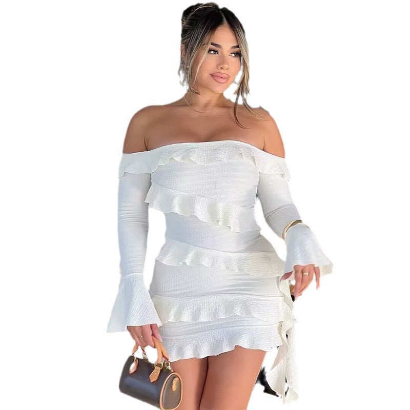 Women's Off-Shoulder Bell-Sleeve Ruffle Mini Dress