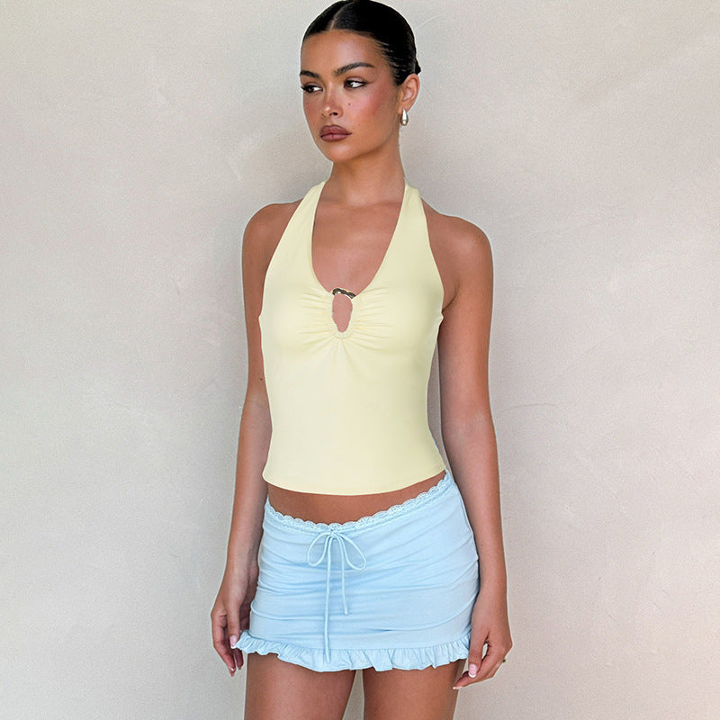 Women's Halter Neck Keyhole Sleeveless Slim-Fit Top