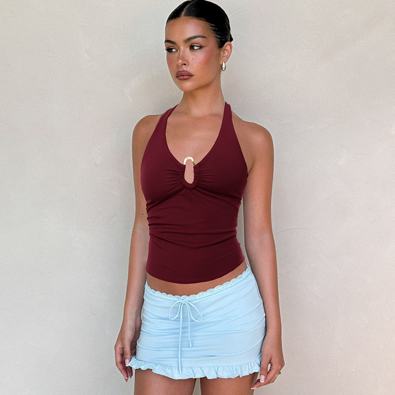 Women's Halter Neck Keyhole Sleeveless Slim-Fit Top