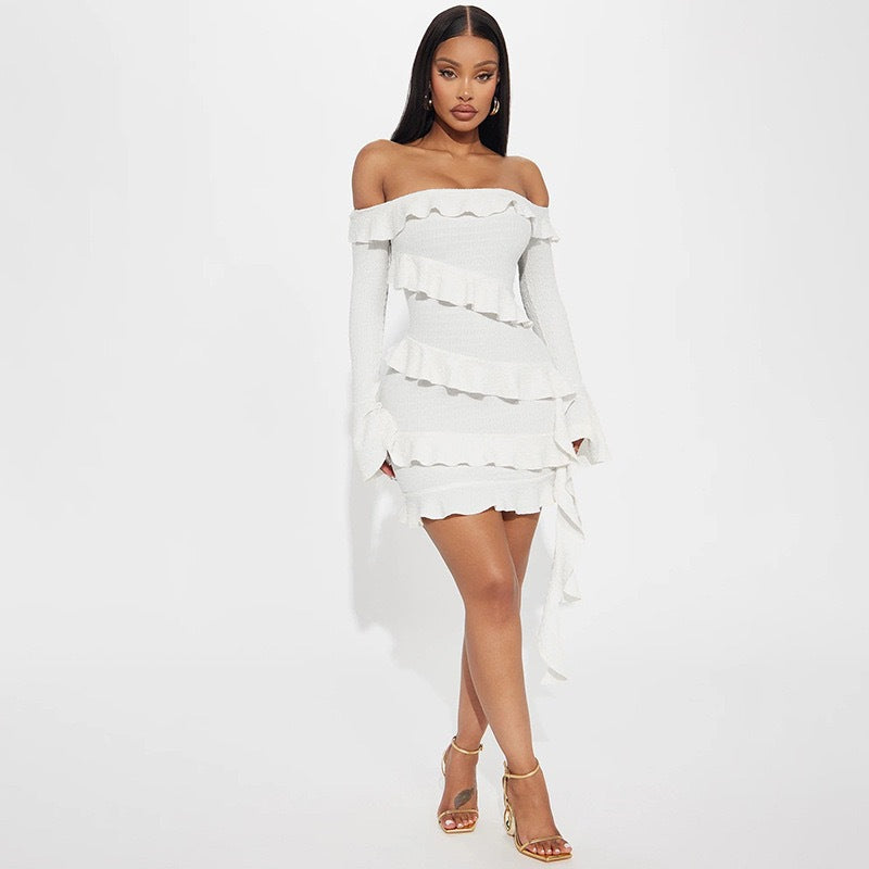 Women's Off-Shoulder Bell-Sleeve Ruffle Mini Dress
