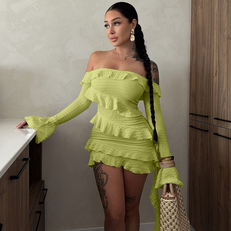 Women's Off-Shoulder Bell-Sleeve Ruffle Mini Dress